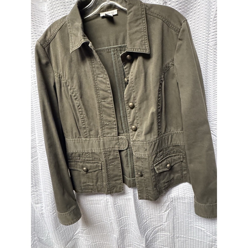 Women's Harolds 100% Cotton Olive Green Utility Jacket Bronze Button Size M - Picture 10 of 13